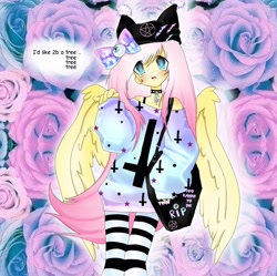 Size: 2048x2039 | Tagged: safe, artist:grim_the_end, derpibooru import, anthro, pegasus, g4, abstract background, bag, choker, clothes, pastel goth, shirt, shoulderless, socks, solo, striped socks