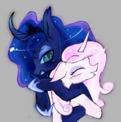 Size: 696x701 | Tagged: safe, artist:grim_the_end, derpibooru import, fleur-de-lis, princess luna, alicorn, pony, unicorn, female, fleur de lune, horn, hug, lesbian, open mouth, open smile, shipping, smiling