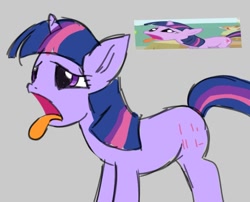 Size: 674x544 | Tagged: safe, artist:grim_the_end, derpibooru import, screencap, twilight sparkle, unicorn twilight, pony, unicorn, friendship is magic, g4, alternate cutie mark, gray background, loss (meme), open mouth, scene interpretation, screencap reference, simple background, solo, tongue, tongue out, twilight sparkle is best facemaker