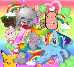 Size: 2048x1863 | Tagged: safe, artist:grim_the_end, derpibooru import, rainbow dash, anthro, cat, pegasus, pikachu, pony, food, group, meme, minecraft, nyan cat, open mouth, open smile, pokémon, potato, rainbow, rainbow background, smiling, surprised pikachu