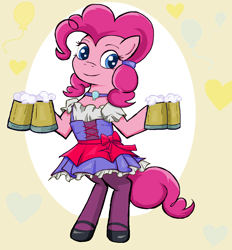 Size: 1168x1256 | Tagged: safe, artist:sallycars, derpibooru import, pinkie pie, earth pony, pony, g4, alcohol, beer, beer mug, choker, clothes, dirndl, dress, female, hoof hold, looking at you, mare, oktoberfest, pinkie pie day, shoes, smiling, smiling at you, solo, stockings, thigh highs