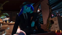 Size: 3840x2160 | Tagged: safe, artist:loveslove, derpibooru import, oc, oc only, oc:rocky blues, anthro, unicorn, 3d, chair, clothes, commission, commissioner:rockatdusk, desk, fedora, file cabinet, hat, horn, male, musical instrument, necktie, office, saxophone, shoes, stallion, stallion oc, suit, unicorn oc