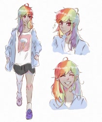 Size: 735x873 | Tagged: safe, artist:zecorhia, derpibooru import, rainbow dash, human, g4, clothes, female, humanized, multicolored hair, rainbow hair, shirt, shorts, solo