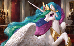 Size: 1560x968 | Tagged: safe, ai content, derpibooru import, generator:pony diffusion v6 xl, generator:stable diffusion, machine learning generated, princess celestia, alicorn, jewelry, looking at you, oil painting, prompter:radioglitch, regalia