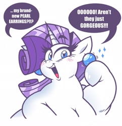 Size: 1982x2048 | Tagged: safe, artist:redphucksaround, derpibooru import, rarity, pony, unicorn, g4, bingo wings, blue eyes, blushing, chubby cheeks, ear piercing, earring, eyelashes, fat, female, hooves, horn, jewelry, looking at you, obese, open mouth, open smile, overweight, piercing, raritubby, shiny mane, simple background, smiling, solo, solo female, sparkles, speech bubble, talking to viewer, text, white background