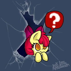 Size: 1280x1280 | Tagged: safe, artist:arielsbx, derpibooru import, apple bloom, pony, ask little applebloom, broken glass, fourth wall, question mark, solo