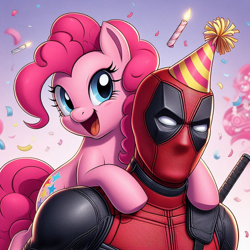 Size: 1024x1024 | Tagged: safe, ai content, derpibooru import, machine learning generated, pinkie pie, g4, adorkable, deadpool, dork, female, hat, male, marvel, marvel comics, party hat, prompter:bluey2309, wrong cutie mark