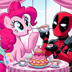 Size: 1024x1024 | Tagged: safe, ai content, derpibooru import, machine learning generated, pinkie pie, g4, adorkable, deadpool, dork, female, male, marvel, marvel comics, prompter:bluey2309, tea party, wrong cutie mark