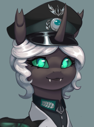 Size: 1555x2096 | Tagged: safe, artist:printik, derpibooru import, oc, oc only, changeling, changeling queen, equestria at war mod, black lipstick, bust, clothes, coat, fangs, female, gray coat, horn, lipstick, looking at you, military, military pony, military uniform, portrait, simple background, solo, teal eyes, trident, uniform, uniform hat, white mane, wings