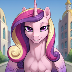 Size: 1024x1024 | Tagged: safe, ai content, derpibooru import, machine learning generated, princess cadance, alicorn, pony, anonymous prompter, city, colored wings, colored wingtips, female, lidded eyes, looking at you, mare, muscles, muscular female, smiling, solo, wings