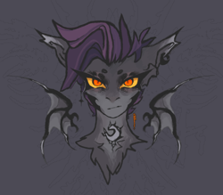 Size: 3000x2628 | Tagged: safe, artist:v4ispa, derpibooru import, oc, oc only, bat pony, pony, bat wings, bust, ear fluff, ear piercing, ears, eyeshadow, glowing, glowing eyes, golden eyes, gray coat, makeup, piercing, portrait, purple mane, serious, short hair, short mane, solo, spread wings, wings