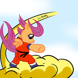 Size: 1024x1024 | Tagged: safe, artist:nicolai, derpibooru import, scootaloo, pegasus, pony, cloud, dragon ball, female, filly, flying, foal, on a cloud, solo, wings