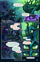 Size: 1004x1535 | Tagged: safe, artist:furufoo, artist:impamy, derpibooru import, pharynx, queen chrysalis, changeling, pony, cape, clothes, cloven hooves, comic, crowd, eyeshadow, fangs, female, feral, green eyes, hat, magic, makeup, slit eyes, swarm, throne, witch hat