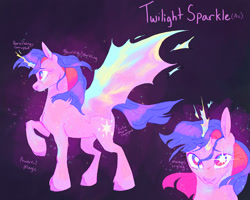 Size: 2000x1600 | Tagged: safe, artist:abbytabbys, derpibooru import, twilight sparkle, twilight sparkle (alicorn), alicorn, pony, fanfic:broken destiny, g4, alternate cutie mark, alternate universe, artificial horn, artificial wings, augmented, broken destiny au, colored eyebrows, colored hooves, corrupted, corrupted twilight sparkle, crying, ethereal body, ethereal horn, ethereal mane, ethereal tail, ethereal wings, eyelashes, female, flowing mane, flowing tail, frown, glowing, glowing body, glowing cutie mark, glowing eyes, glowing horn, glowing mane, glowing wings, gradient background, hooves, horn, looking at you, magic, magic eyes, magic horn, magic wings, mare, multicolored eyes, multiple angles, profile, purple coat, purple hooves, purple tail, purple text, raised hoof, raised leg, reference sheet, solo, sparkles, sparkly body, sparkly coat, sparkly mane, sparkly tail, standing, standing on three hooves, tail, three toned eyes, three toned mane, transformed, unshorn fetlocks, unstable magic, white pupils, wings