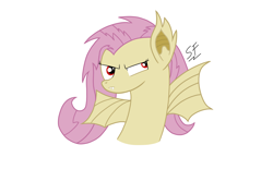 Size: 2736x1695 | Tagged: safe, artist:solemnfutury, derpibooru import, fluttershy, bat pony, pony, angry, bat ponified, eyeshadow, female, flutterbat, horn, killer instinct, makeup, mare, mlp fim's fourteenth anniversary, race swap, simple background, solo, white background, wings