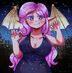 Size: 2857x2886 | Tagged: safe, artist:mylittleyuri, derpibooru import, fluttershy, bat pony, human, bat ponified, blushing, breasts, cleavage, clothes, cute, dress, elf ears, fangs, female, flutterbat, halloween, holiday, hootershy, humanized, race swap, shyabates, shyabetes, solo, winged humanization, wings