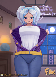 Size: 828x1143 | Tagged: safe, artist:focusb, derpibooru import, trixie, human, g4, alternate hairstyle, babysitter trixie, breasts, city, cityscape, clothes, halloween, holiday, hoodie, humanized, lamp, moon, night, open mouth, pants, stars, titsie, window