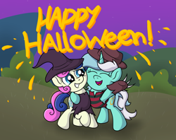 Size: 3827x3030 | Tagged: safe, artist:background basset, derpibooru import, bon bon, lyra heartstrings, sweetie drops, earth pony, pony, unicorn, g4, adorabon, clothes, costume, cute, duo, duo female, female, freddy krueger, halloween, halloween costume, happy, holiday, horn, lyrabetes, mare, movie reference, open mouth, open smile, smiling, text, witch costume