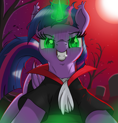 Size: 1451x1512 | Tagged: safe, artist:eels, derpibooru import, twilight sparkle, twilight sparkle (alicorn), alicorn, bat pony, pony, undead, vampire, vampony, bat ponified, clothes, costume, fangs, green eyes, nightmare night, nightmare night costume, race swap, twibat