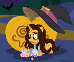 Size: 2130x1788 | Tagged: safe, artist:dianamur, artist:small-brooke1998, derpibooru import, oc, oc only, oc:brooke, pony, unicorn, base used, candy, food, halloween, holiday, horn, nightmare night, solo