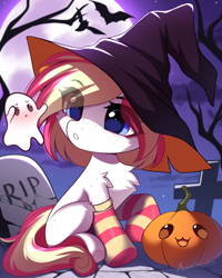 Size: 1406x1754 | Tagged: safe, artist:airiniblock, derpibooru import, oc, oc only, oc:pilot light, bat, earth pony, ghost, pegasus, pony, undead, unicorn, clothes, commission, cute, earth pony oc, gravestone, halloween, headphones, headset, holiday, horn, microphone, moon, outdoors, pegasus oc, pumpkin, raffle, sky, socks, solo, striped socks, tree, ych result