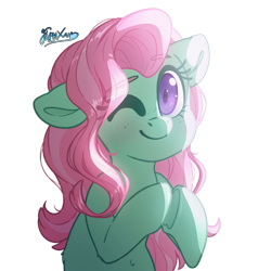 Size: 3000x3000 | Tagged: safe, artist:fluffyxai, derpibooru import, minty, earth pony, pony, g3, female, looking at you, mare, one eye closed, simple background, smiling, solo, transparent background, wink