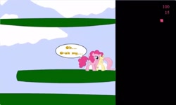 Size: 1251x750 | Tagged: safe, derpibooru import, fluttershy, pinkie pie, earth pony, pegasus, g4, collect cupcakes lick ponies, dialogue, female, flash game, flutterpie, lesbian, platformer, shipping, youtube link