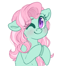 Size: 3000x3000 | Tagged: safe, artist:fluffyxai, derpibooru import, minty, earth pony, pony, g3, female, looking at you, mare, one eye closed, simple background, smiling, solo, transparent background, wink