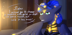 Size: 5008x2480 | Tagged: safe, artist:sinrinf, derpibooru import, princess luna, alicorn, pony, arcane, clothes, comic, costume, gold, jewelry, mel (league of legends), mlp fim's fourteenth anniversary, nightmare night, nightmare night costume, speech bubble