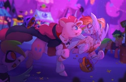 Size: 4096x2648 | Tagged: safe, artist:piesinful, derpibooru import, applejack, pinkie pie, rainbow dash, earth pony, pegasus, pony, g4, bucket, candy, clothes, costume, duo focus, eye clipping through hair, fake blood, female, food, grin, halloween, halloween costume, holiday, looking at each other, looking at someone, mare, night, nightmare night, nightmare night costume, open mouth, open smile, outdoors, pirate costume, ponyville, prehensile mane, smiling, smiling at each other, vampire costume