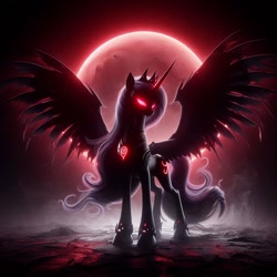 Size: 1024x1024 | Tagged: safe, ai content, alternate version, derpibooru import, generator:dall-e 3, machine learning generated, princess luna, alicorn, pony, undead, vampire, vampony, g4, dark, ears, ears up, evil, female, horn, jewelry, magic, magic aura, moon, night, prompter:rektpay, red eyes, red light, regalia, serious, solo, spread wings, standing, wings