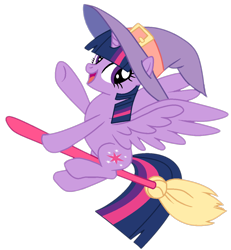 Size: 1080x1170 | Tagged: safe, artist:nerdy-pony, artist:twilyisbestpone, derpibooru exclusive, derpibooru import, twilight sparkle, twilight sparkle (alicorn), alicorn, pony, g4, base used, broom, clothes, costume, cute, female, flying, flying broomstick, halloween, halloween 2024, halloween costume, happy, hat, holiday, mare, mlp fim's fourteenth anniversary, nightmare night, open mouth, open smile, simple background, smiling, solo, transparent background, twiabetes, witch, witch hat