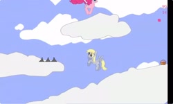 Size: 1252x750 | Tagged: safe, derpibooru import, derpy hooves, pinkie pie, earth pony, pegasus, g4, cloud, collect cupcakes lick ponies, cupcake, female, flash game, food, jumping, platformer, youtube link