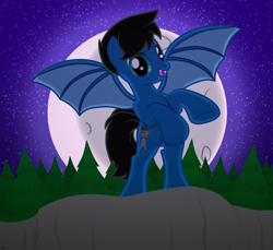 Size: 7200x6600 | Tagged: safe, artist:agkandphotomaker2000, derpibooru import, oc, oc only, oc:pony video maker, bat pony, pegasus, pony, g4, bat wings, bipedal, cliff, complex background, fangs, forest, halloween 2024, leaning, looking at you, moon, nature, night, nightmare night, pegasus oc, pine tree, show accurate, solo, tree, wings