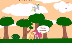 Size: 1252x750 | Tagged: safe, derpibooru import, applejack, derpy hooves, pinkie pie, earth pony, pegasus, g4, cloud, collect cupcakes lick ponies, dialogue, female, flash game, lesbian, platformer, ship:applepie, shipping, tree, youtube link