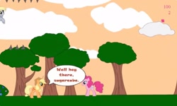 Size: 1252x750 | Tagged: safe, derpibooru import, applejack, derpy hooves, pinkie pie, earth pony, pegasus, g4, cloud, collect cupcakes lick ponies, dialogue, female, flash game, platformer, tree, youtube link