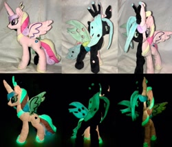 Size: 1280x1089 | Tagged: safe, artist:crazyditty, derpibooru import, princess cadance, queen chrysalis, alicorn, changeling, changeling queen, pony, g4, disguise, disguised changeling, glow in the dark, irl, jewelry, photo, plushie, regalia