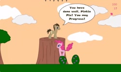 Size: 1252x750 | Tagged: safe, derpibooru import, doctor whooves, pinkie pie, earth pony, g4, cloud, collect cupcakes lick ponies, dialogue, female, flash game, male, platformer, tree, youtube link