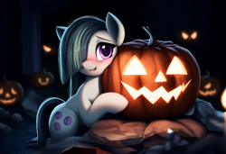 Size: 1216x832 | Tagged: safe, ai content, derpibooru import, generator:novelai, generator:stable diffusion, machine learning generated, marble pie, earth pony, pony, g4, anonymous prompter, blushing, female, halloween, holiday, jack-o-lantern, mare, pumpkin, smiling, solo