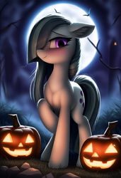 Size: 832x1216 | Tagged: safe, ai content, derpibooru import, generator:novelai, generator:stable diffusion, machine learning generated, marble pie, bat, earth pony, pony, g4, anonymous prompter, blushing, ear fluff, ears, female, floppy ears, fog, full moon, grass, halloween, holiday, jack-o-lantern, looking at you, looking down, looking down at you, mare, messy hair, messy mane, messy tail, moon, night, outdoors, pumpkin, raised hoof, raised leg, rock, smiling, smiling at you, solo, standing, tail, tree branch