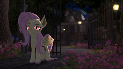 Size: 3840x2160 | Tagged: safe, artist:owlpirate, derpibooru import, fluttershy, bat pony, pony, g4, 3d, 4k, bat ponified, building, fangs, female, flower, flutterbat, high res, lamppost, lidded eyes, looking at you, manor, mare, night, outdoors, race swap, smiling, smiling at you, solo, source filmmaker, unshorn fetlocks