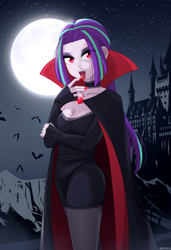 Size: 822x1200 | Tagged: safe, artist:riouku, derpibooru import, aria blaze, bat, undead, vampire, equestria girls, g4, alternate hairstyle, bedroom eyes, blood, castle, choker, clothes, coat, costume, dress, eyeshadow, fangs, female, full moon, halloween, halloween costume, holiday, makeup, moon, nail polish, open mouth, skirt, solo, stockings, thigh highs, tongue, tongue out