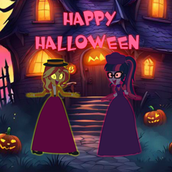 Size: 4450x4450 | Tagged: safe, artist:cartoonmasterv3, derpibooru import, sci-twi, sunset shimmer, twilight sparkle, human, equestria girls, g4, bill cipher, british, clothes, cosmos, crossover, dress, edwardian, gravity falls, halloween, halloween 2024, happy halloween, holiday, long dress, long skirt, possessed, possession, skirt