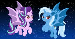 Size: 3435x1800 | Tagged: safe, artist:cloudy glow, derpibooru import, starlight glimmer, trixie, bat pony, pony, g4, bat ponified, duo, duo female, female, glimbat, horn, lesbian, night, nightmare night, race swap, shipping, stars, startrix, trixiebat, vector, wings