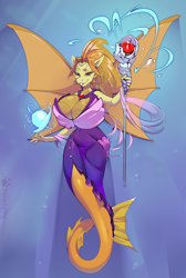 Size: 1752x2600 | Tagged: safe, artist:yelloastra, derpibooru import, part of a set, adagio dazzle, anthro, siren, g4, adagiazonga dazzle, big breasts, bioluminescent, breasts, bubble, cleavage, clothes, dorsal fin, dress, female, fin, fin ears, fin wings, fins, fish tail, flowing mane, flowing tail, high res, huge breasts, lidded eyes, looking at you, magic, ocean, scales, smiling, smiling at you, solo, spread wings, staff, swimming, tail, underwater, water, wings