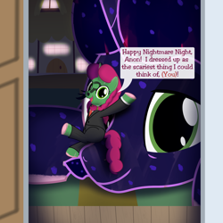 Size: 2000x2000 | Tagged: safe, artist:mightyshockwave, derpibooru import, tantabus, oc, oc only, oc:anon, oc:gloomy, oc:marker pony, pony, g4, 4chan, clothes, costume, giant pony, macro, nightmare night