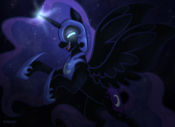 Size: 1800x1300 | Tagged: safe, artist:_rarerayy_, derpibooru import, nightmare moon, alicorn, belly, digital art, ethereal mane, ethereal tail, halloween, helmet, holiday, hoof shoes, long mane, long tail, night, nightmare night, peytral, princess shoes, rearing, spread wings, tail, wings