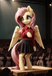 Size: 800x1169 | Tagged: safe, ai content, derpibooru import, generator:pony diffusion v6 xl, generator:stable diffusion, machine learning generated, fluttershy, pegasus, pony, semi-anthro, g4, 8 mile, bipedal, clothes, crowd, female, indoors, mare, prompter:gregorymars, rap battle, shirt, skirt, solo focus, stage, standing