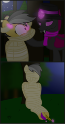 Size: 2200x4151 | Tagged: safe, artist:cardshark777, derpibooru import, daring do, oc, oc:card shark, changeling, pegasus, pony, g4, 2 panel comic, bandage, bondage, captive, changeling oc, clothes, comic, daringsub, digital art, dominant, fangs, feather, female, femsub, forest, glowing, glowing horn, helpless, hill, hoof on chin, hoof tickling, horn, kidnapped, looking at each other, looking at someone, magic, male, maledom, mare, mare and stallion, mlp fim's fourteenth anniversary, moon, mummification, mummified, mummy, nature, night, pink changeling, scarf, sitting, smiling, standing, stars, submissive, telekinesis, tickle torture, tickling, tree, wrapped snugly, wrapped up, wrapping