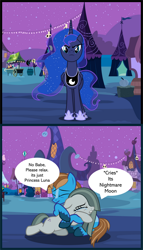 Size: 750x1307 | Tagged: safe, artist:ncolque, derpibooru import, marble pie, princess luna, oc, oc:sharp stars, alicorn, earth pony, pony, unicorn, g4, luna eclipsed, canon x oc, comic, horn, hug, mlp fim's fourteenth anniversary, nightmare night